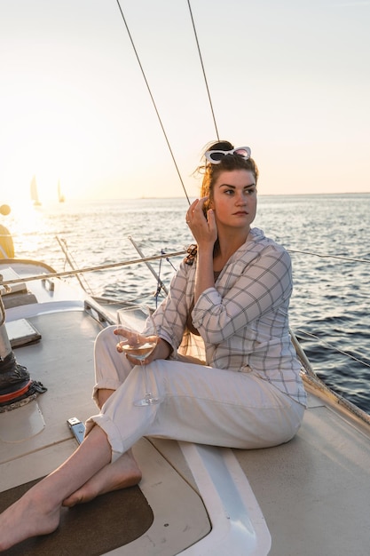 Aantrekkelijke vrouw drinkt wijn en ontspant zich op een zeilboot tijdens het zeilen op zee