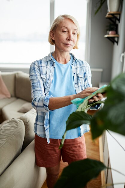 Aantrekkelijke vrouw houseplant behandelen