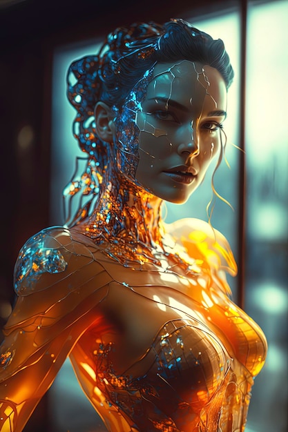 Aantrekkelijke vrouw ingekapseld in glas The Fifth Element opalescent AI gegenereerd