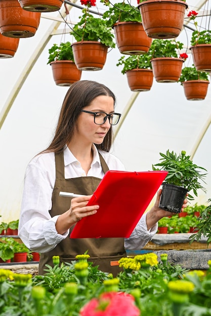 Aantrekkelijke vrouw maakt inventaris tuin winkelcentrum Bloemen bedrijfsconcept