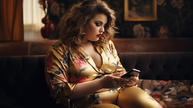 Aantrekkelijke vrouw met een plus grootte gebruikt een telefoon in een café Lifestyle AI