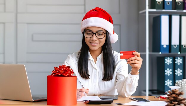 Aantrekkelijke vrouw met kerstman hoed en bril met bankkaart