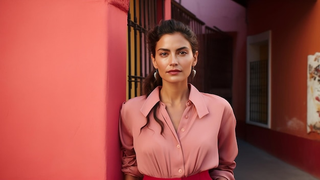 Aantrekkelijke vrouw op de straat in roze shirt op roze heldere achtergrond