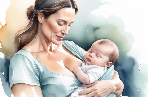 aantrekkelijke vrouw van middelbare leeftijd die een pasgeboren kind bij de borst houdt, moeder die de baby knuffelt, moederschapsconcept