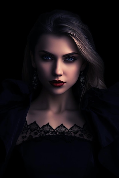 Foto aantrekkelijke vrouwelijke vampier op een zwarte achtergrond cover voor een vampier roman vertical generative ai illustratie