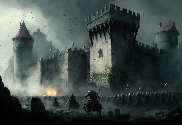 Aanval op het kasteel door troepengevechten in middeleeuwse oorlogen