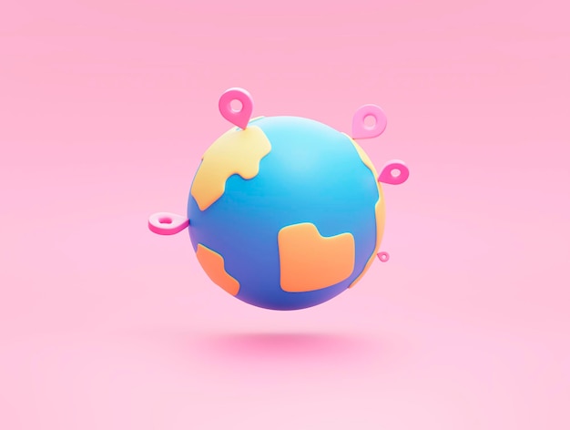 Aanwijzer pin locatie op aarde wereldwijde wereld transport logistiek concept op roze achtergrond pictogram of symbool 3D-rendering
