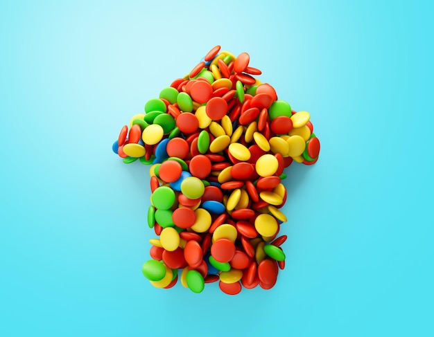 Aanwijzerpijl van chocoladesuikergoed met gekleurd glazuur op een blauwe achtergrond 3d illustratie