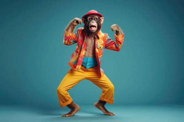 Foto aap die kleurrijke kleding draagt die op de blauwe achtergrond danst