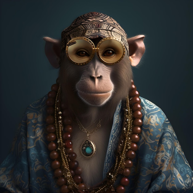 aap in boho Boheemse middeleeuwse hippie-outfit met surrealistische kralen