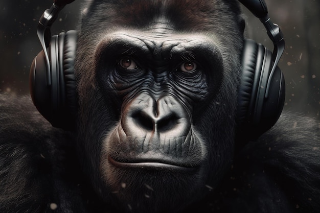 Aap in koptelefoon luisteren naar muziek Gericht emotioneel gezicht van gorilla luisteren naar audio Animal Generative AI