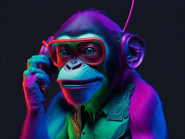 aap met bril spreekt op de telefoon indigo kleur AI gegenereerd