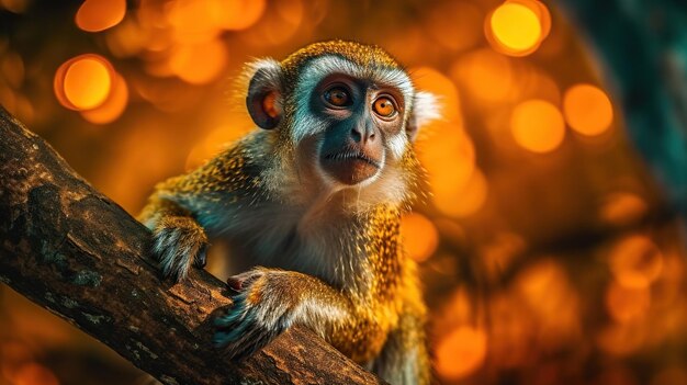 Aap op de boom Mooie aap met oranje ogen hoog contrast