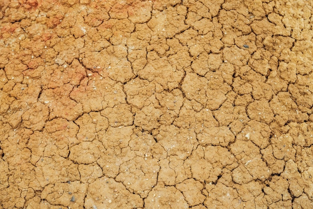 Aardachtergrond van gebarsten droge landen. Natuurlijke textuur van grond met scheuren. Gebroken klei oppervlak van onvruchtbare dryland woestenij close-up. Volledig frame naar terrein met droog klimaat. Levenloze woestijn op aarde