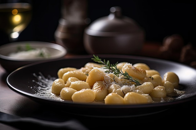 Foto aardappel gnocchi traditioneel italiaans eten huisgemaakte gnocchi diner lekker mediterraan gerecht donkere achtergrond generatieve ai illustratie