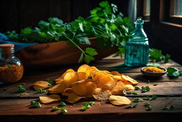 aardappelchips en verse kruiden op een houten tafel