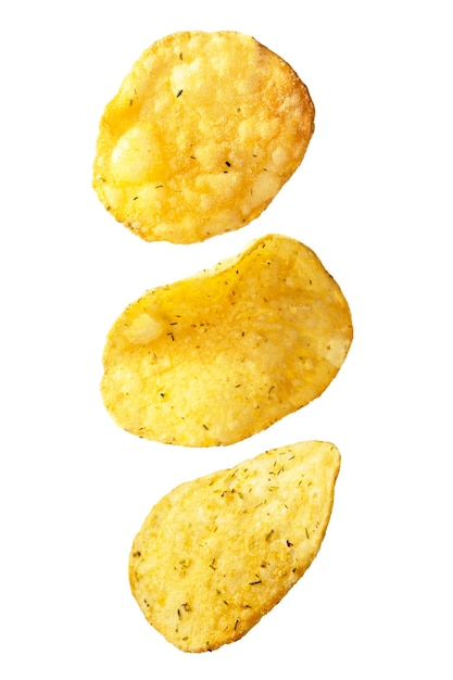 Aardappelchips geïsoleerd op een afgelegen witte achtergrond Zwevende chips