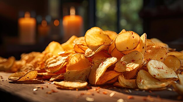 Foto aardappelchips met een beetje hartige zoute specerijen op een houten tafel met een wazige achtergrond