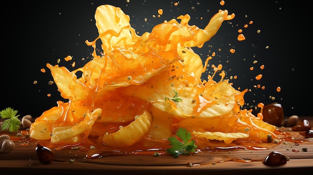 Aardappelchips met zoete chilipoeder spetterende elementen op effen kleur achtergrond Vector realistisch