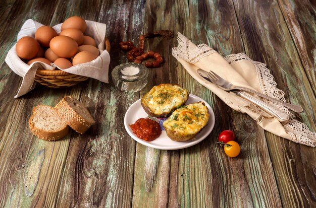 Aardappelen in de schil met eieren en kaasbrood en saus op een houten lijstclose-up