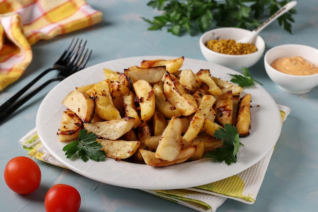 Aardappelen in de schil met mosterd en paprikasaus in een bord op een lichtblauwe achtergrond