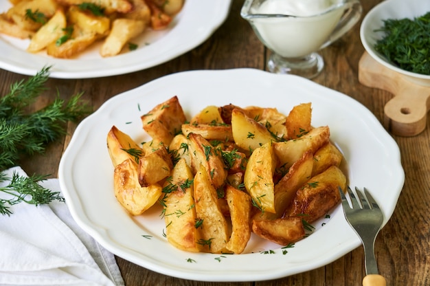 Aardappelen in de schil met verse dille op een witte plaat