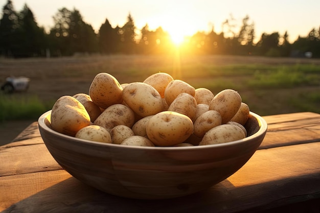 aardappelen in een houten schaal bij zonsondergang