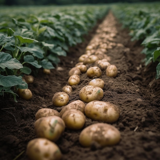 Aardappelen in een veld met het woord aardappel op de voorkant