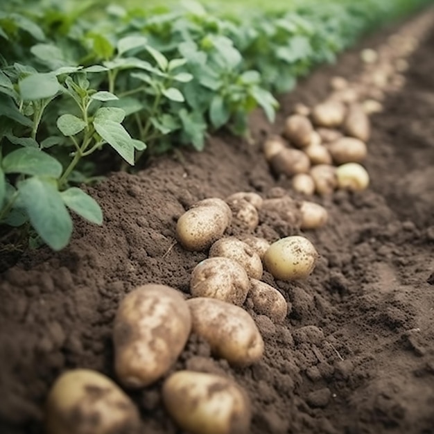 Aardappelen liggen op een rij op de grond en de groene planten groeien op de achtergrond.