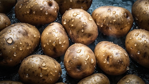 Aardappelen met waterdruppels erop op een zwarte schaal