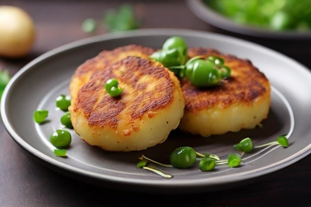 Aardappelkotlets geserveerd met spruiten en saus ar c