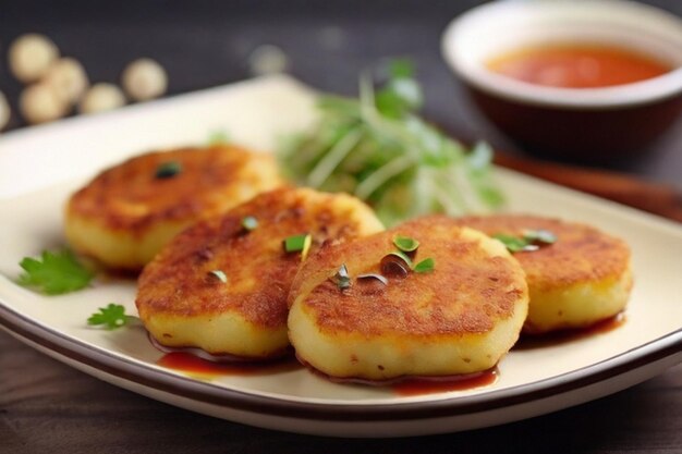 Aardappelkotlets geserveerd met spruiten en saus ar c