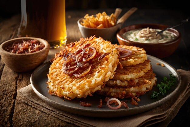 Aardappelpannenkoekjes met spekblokjes en gebakken uienringen