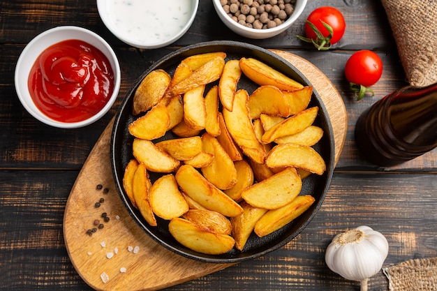 Foto aardappelpartjes in landelijke stijl in pan op houten ondergrond. bovenaanzicht