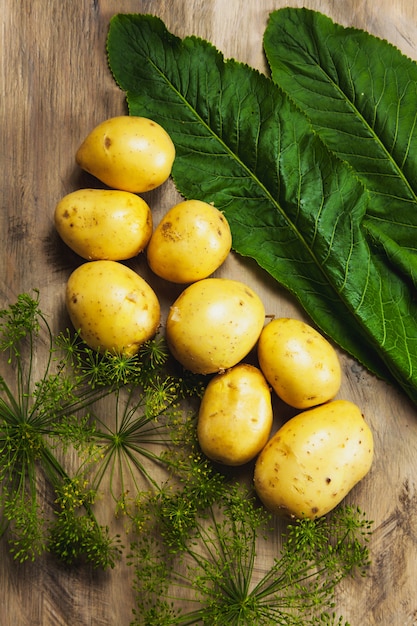 Aardappels dille en mierikswortel blad verse groenten op het grijze hout textuur