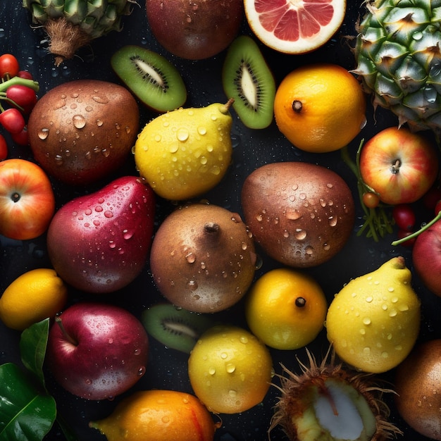 Aardbei citrus drop water gezond voedsel groen vitamine vers achtergrondfruit Generatieve AI