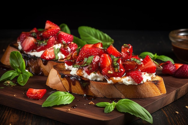 Aardbeien bruschetta op geroosterde baguette plakjes