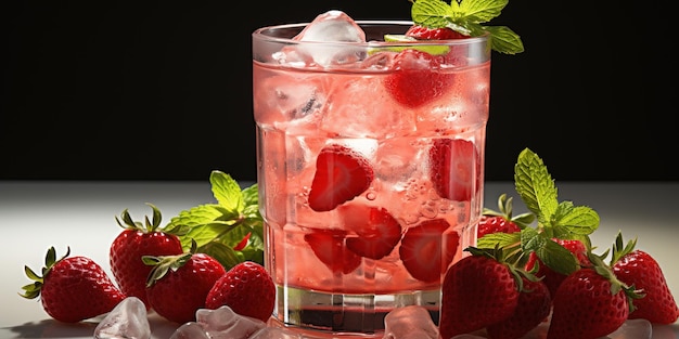 Aardbeien cocktail op witte achtergrond met schaduwen Zomer drank aardbeien spritz met lege plaats