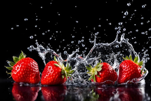 Foto aardbeien die een spetter maken als ze op een reflecterend oppervlak vallen