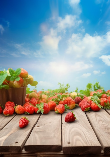 Aardbeien en een mandje op een houten tafel