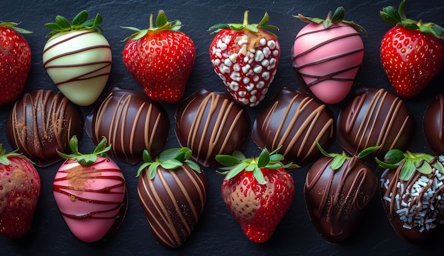 Foto aardbeien gedompeld in chocolade op zwarte achtergrond