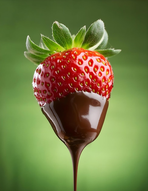 Aardbeien gedompeld in rijke chocolade op een groene achtergrond