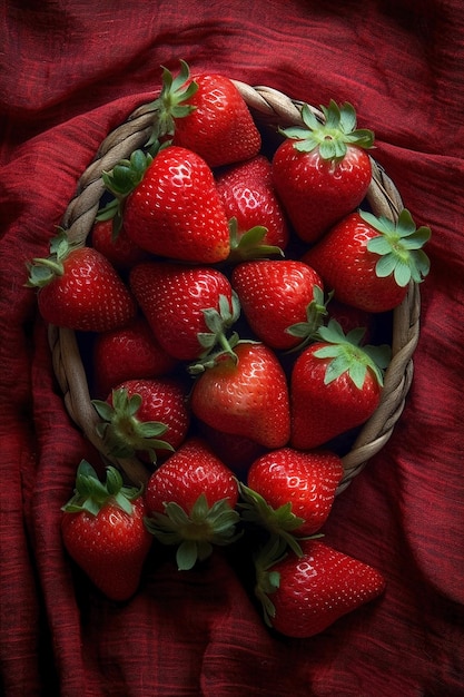 Aardbeien in een mand op een rode doek