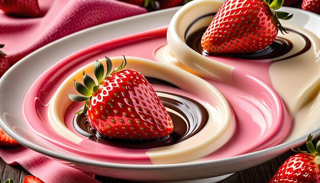 Aardbeien in lichtgeelroze room met chocolade