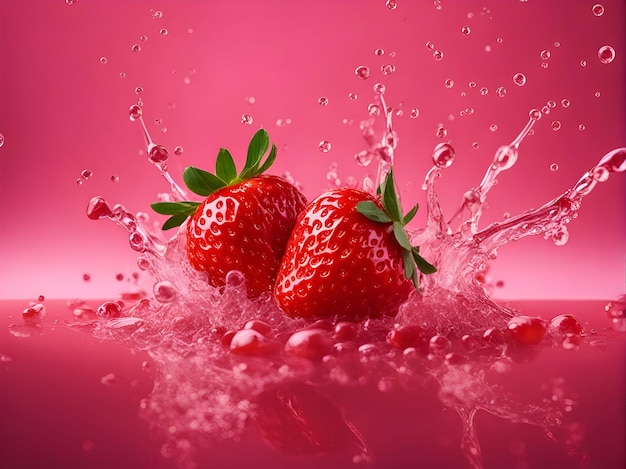 Aardbeien in water op een roze achtergrond