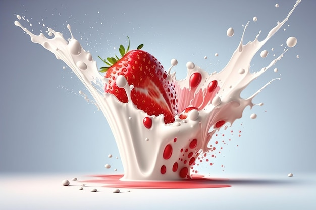 Aardbeien levitatie aardbeien vallen in de spatten van yoghurt en melk Isolaat Generative Ai