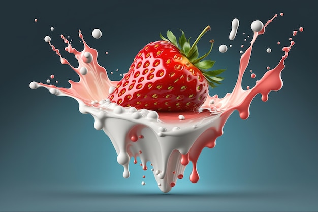 Aardbeien levitatie aardbeien vallen in de spatten van yoghurt en melk Isolaat Generative Ai