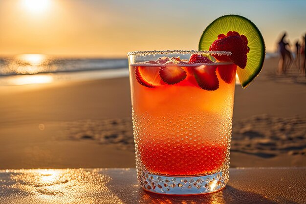 Foto aardbeien margarita met zoutkristallen vastklampen aan de glazen rand op het strand zonsondergang