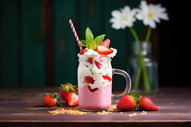 Foto aardbeien milkshake met verse aardbeien bovenop muntgarnizoen