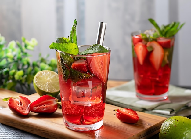 aardbeien mojito op de keukentafel eten